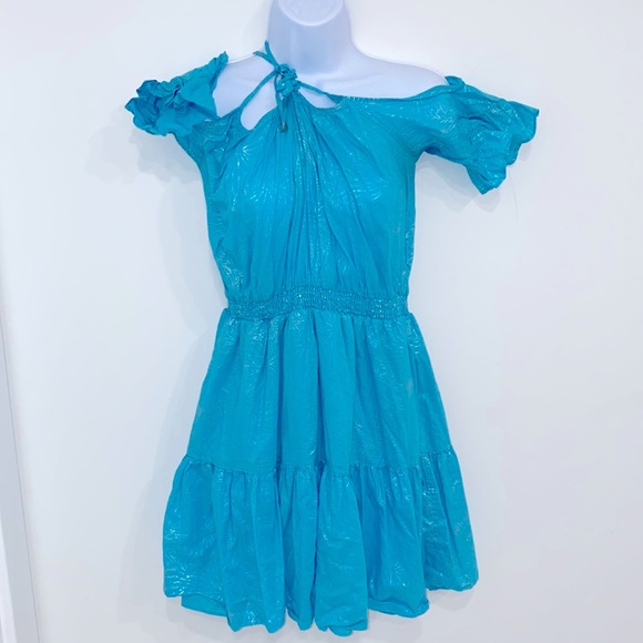 Preowned L Michael Kors Foil Print Cold Shoulder Turquoise dress size L - Picture 3 of 7